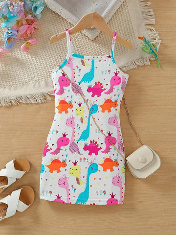 Girls Cute Cartoon Dinosaur Pattern Suspender Casual Dress