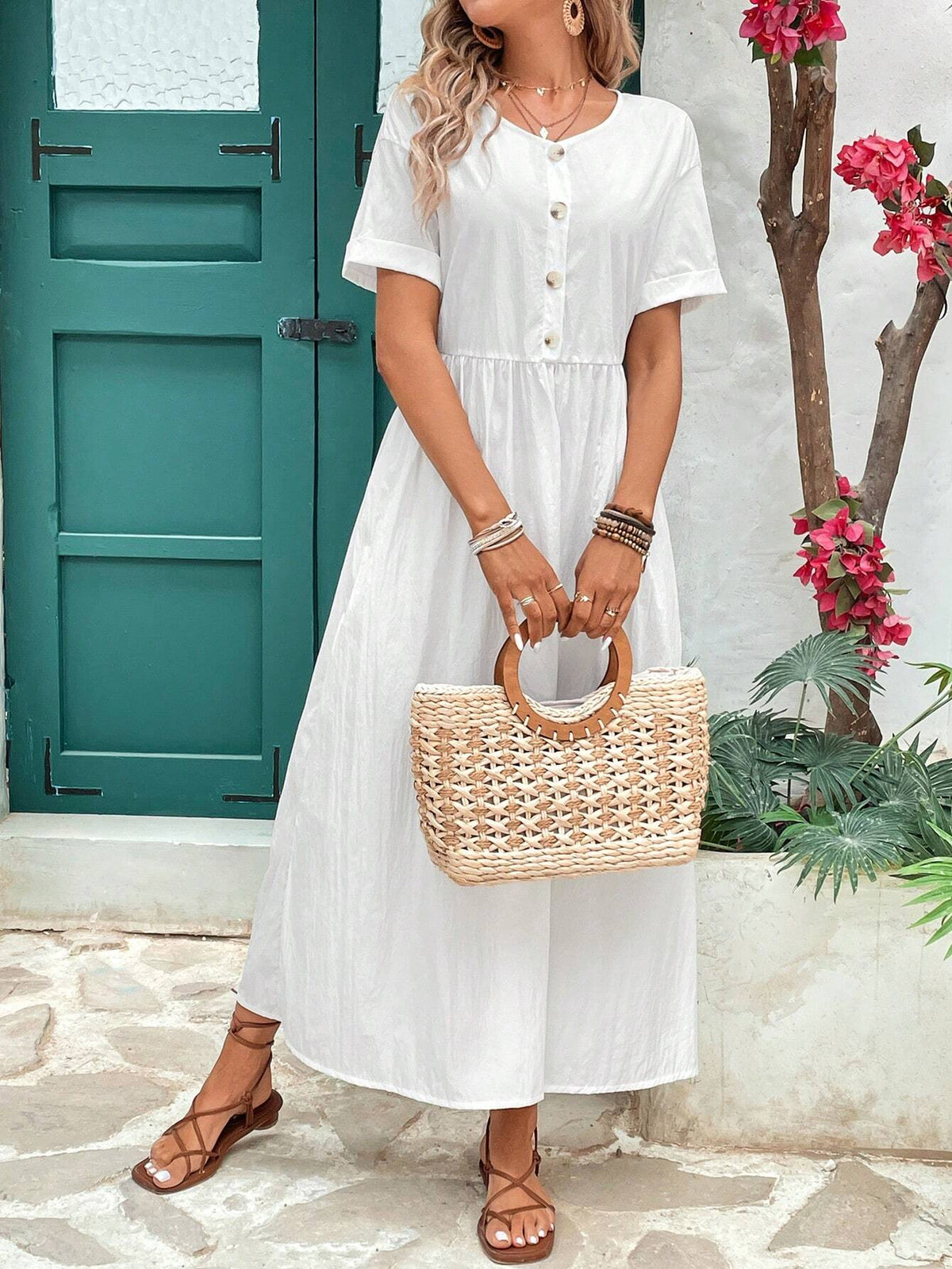 Solid Color Waist-Cinching Long Dress, For Vacation And Leisure