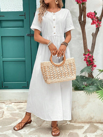 Solid Color Waist-Cinching Long Dress, For Vacation And Leisure