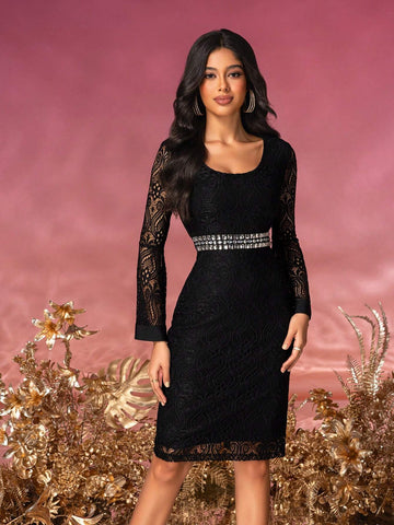 Women's Elegant Long Sleeve Lace Bodycon Dress For Evening Banquet