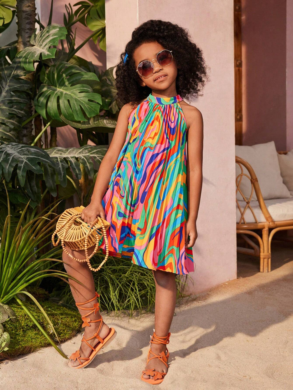 Young Girl's Vacation Spring/Summer Geometric Pattern Woven Pleated Halter Dress