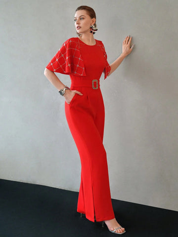 MOTF PREMIUM RHINESTONE DETAIL BUCKLE BELTED SLANT POCKET CAPE JUMPSUIT