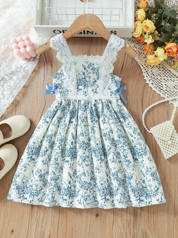 Young Girl Ditsy Floral Contrast Lace Bow Front Cami Dress For Summer Vacation
