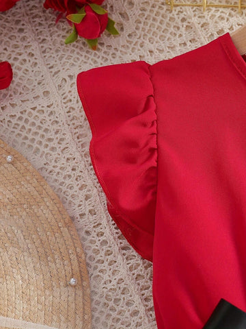 Fashionable Red Flying Sleeve Dress With Vest For Toddler Girls, Suitable For Summer And Daily Wear