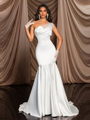 Elegant And Gorgeous White Luxury Bead Embroidered Lace Flower One Shoulder Plus Small Cap Sleeves Neckline Flower Beads And 3D Lace Design Fishtail Skirt Floor Length Suitable For Wedding Events Bachelorette Party Holiday Prom Informal Wedding Dress