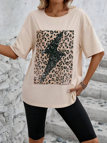 Leopard Print Drop Shoulder Tee & Solid Biker Shorts