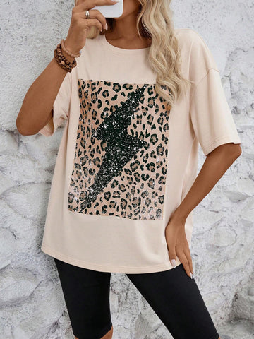 Leopard Print Drop Shoulder Tee & Solid Biker Shorts