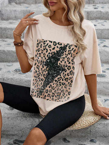 Leopard Print Drop Shoulder Tee & Solid Biker Shorts