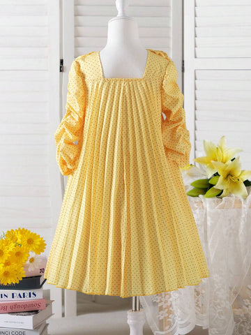 Girls' Summer New Sweet Bubble Short Sleeve Square Neck Pleated Dress
