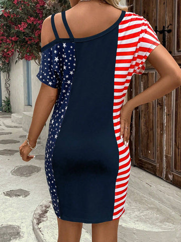 Women's Asymmetrical Collar Short Sleeve Dress With American Flag Print, Summer