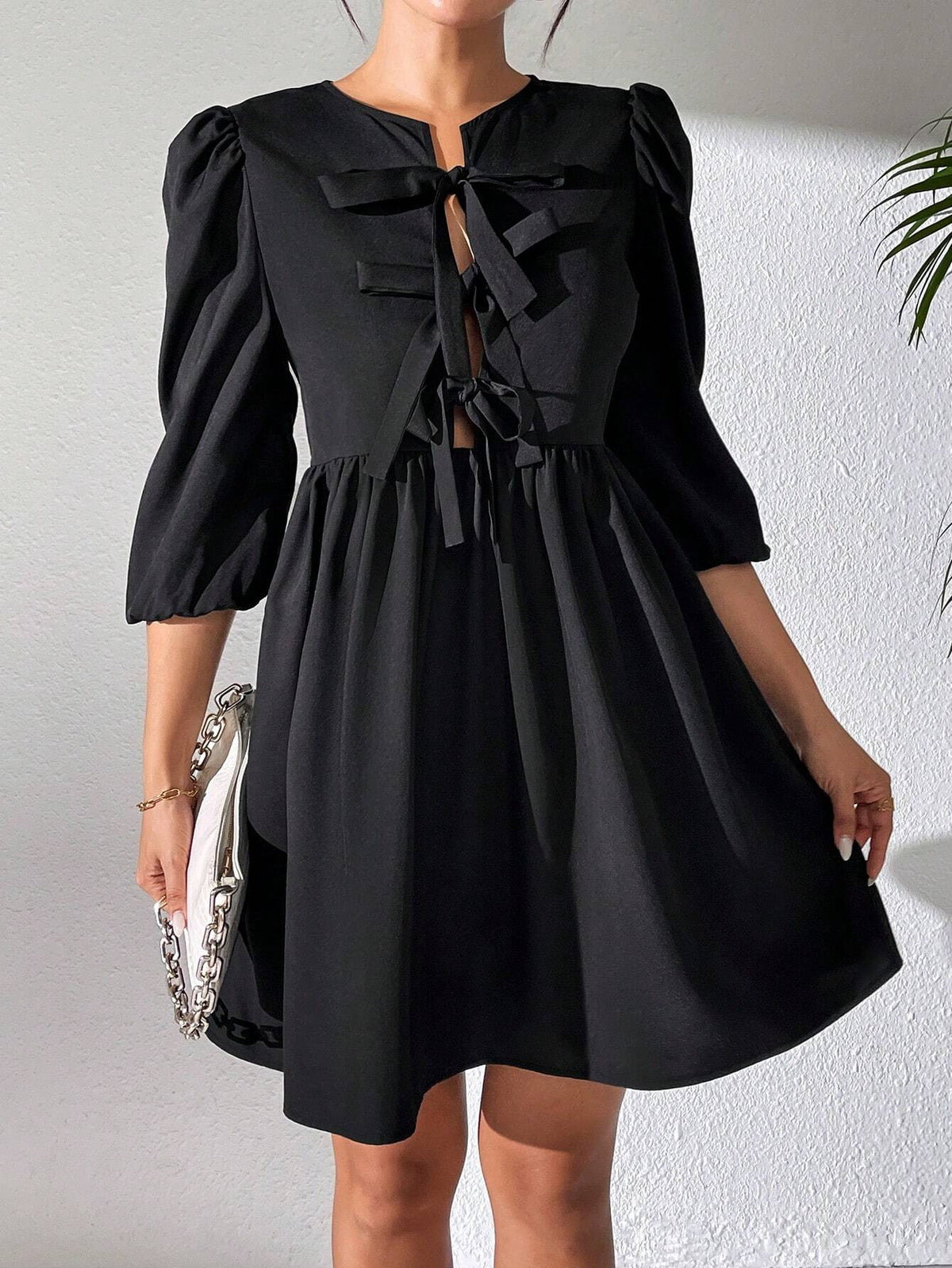 Front Lace-Up Hollow Out Puff Sleeve Mini Dress