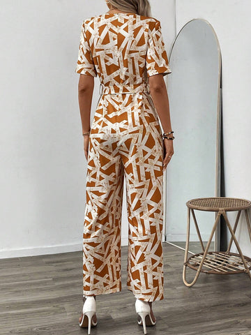 Allover Print Belted Wide Leg Jumpsuit