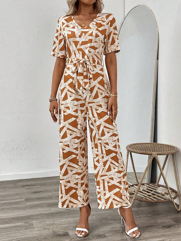 Allover Print Belted Wide Leg Jumpsuit