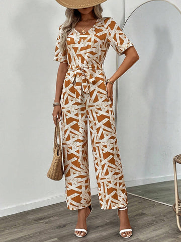 Allover Print Belted Wide Leg Jumpsuit