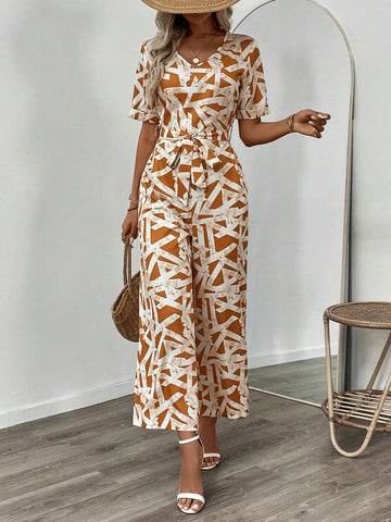 Allover Print Belted Wide Leg Jumpsuit