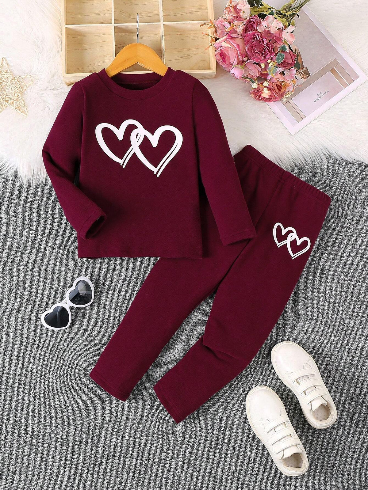 Young Girls' Pink Heart Print Long Sleeve Top And Pants Set