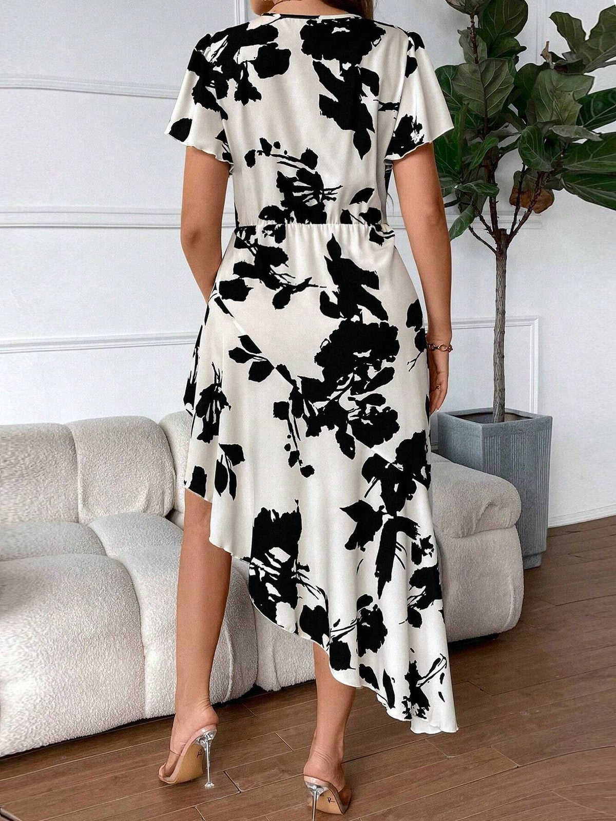Black & White Silhouette Printed Dress With V-Neck And Irregular Hemline, Elegant