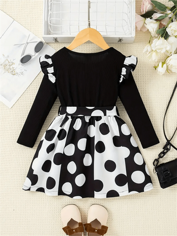 Girls Long Sleeve Polka Dot Belted Party Dress, Autumn/Winter