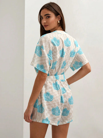 COSMINA Women's Casual Checkered Floral Print Romper