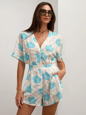 COSMINA Women's Casual Checkered Floral Print Romper