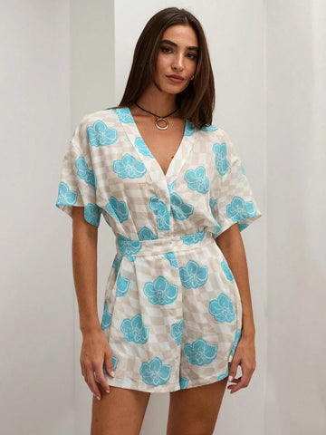 COSMINA Women's Casual Checkered Floral Print Romper