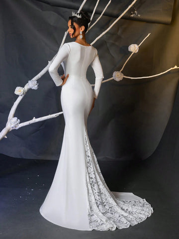 Glamrae Elegant, Gorgeous, Luxurious And Romantic White Long-Sleeved Stretch Knitted Pleated Mermaid Tail Spliced Lace Large Tail Suitable For Wedding Events, Engagement Parties, Honeymoon Vacation Prom Wedding Dresses