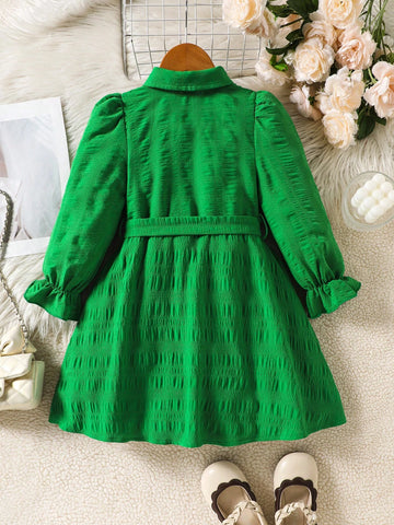 Young Girl Woven Solid Color Turndown Collar Puff Sleeve Fitted Casual Dress