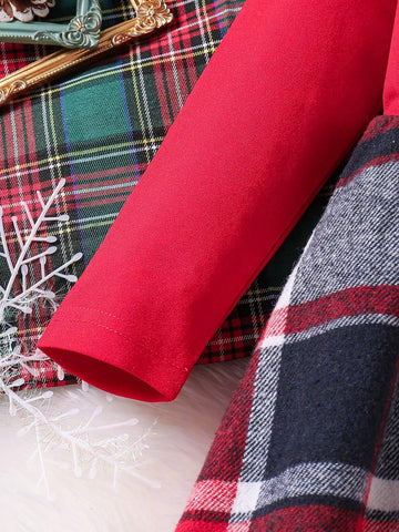 Girl's Collegiate Style Ribbed Long Sleeve High Neck Top And Plaid Patchwork Flare Skirt Dress, Winter Princess Outfit
