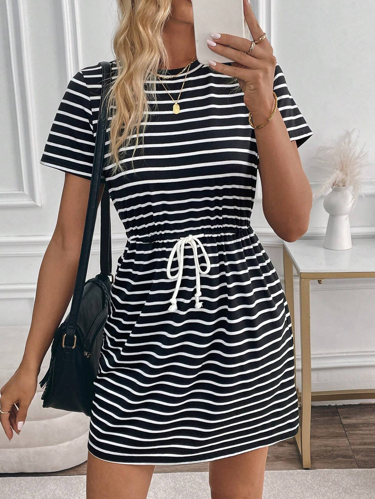 Round Neck Black & White Striped Short Sleeve Drawstring Waist Midi Dress