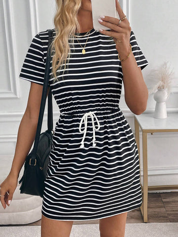 Round Neck Black & White Striped Short Sleeve Drawstring Waist Midi Dress