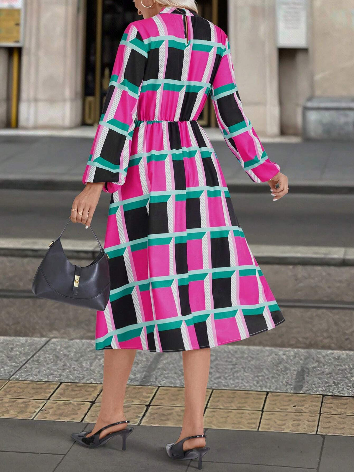 Plaid Lantern Sleeve Casual Mini Dress, Spring Autumn