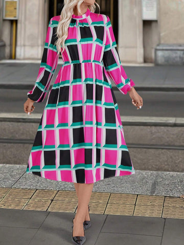 Plaid Lantern Sleeve Casual Mini Dress, Spring Autumn