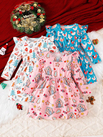 3pcs Xmas Candy Christmas Tree, Snowman, Cartoon Chick Print Ruffle Hem Dress Set