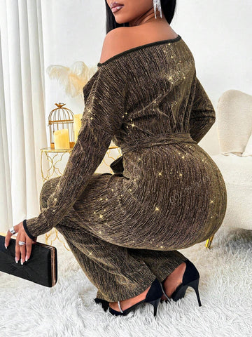 Women's Asymmetrical Neck Long Sleeve Waist Tie Casual Jumpsuit, Spring & Summer