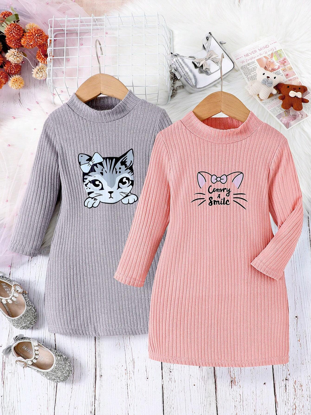 2pcs Set Casual Cute Long Sleeve Ribbed Print Straight Dress, Autumn And Winter