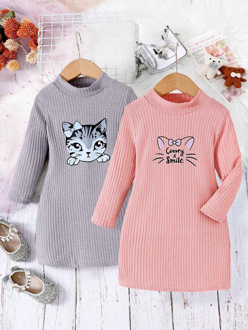2pcs Set Casual Cute Long Sleeve Ribbed Print Straight Dress, Autumn And Winter