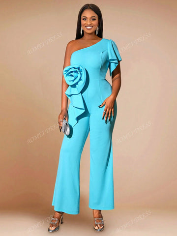 Elegant Off-Shoulder Short Sleeve 3D Floral Romper For Commuting