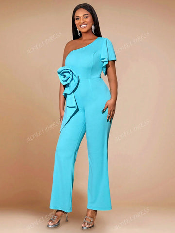 Elegant Off-Shoulder Short Sleeve 3D Floral Romper For Commuting