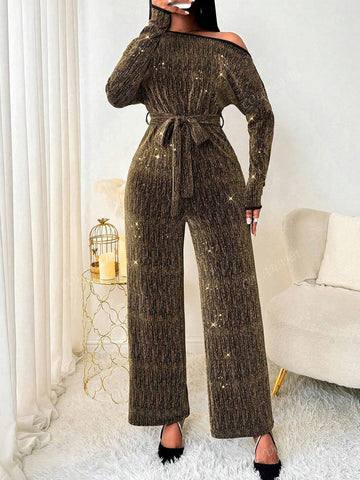 Women's Asymmetrical Neck Long Sleeve Waist Tie Casual Jumpsuit, Spring & Summer