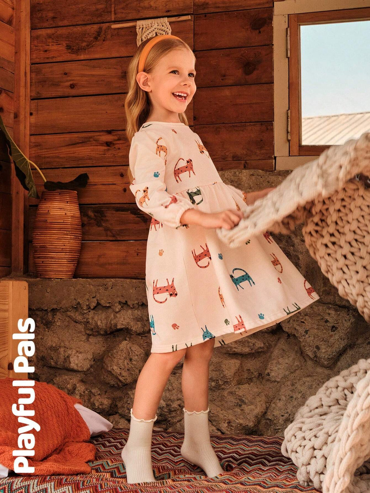 1pc Young Girl Cute/Vintage/Casual Full Print Long Sleeve A-Line Dress, Suitable For Home And Outdoor Play, Spring/Autumn/Winter