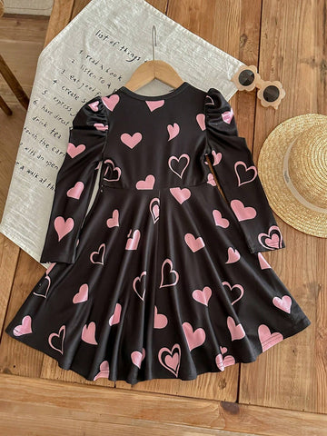 Young Girl Fitted Cat Graphic Round Neck Gigot Sleeve Knit Dress