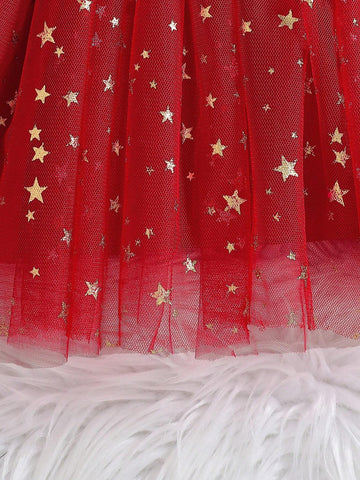 Girls Christmas Velvet Sweet Star Mesh Tulle Skirt