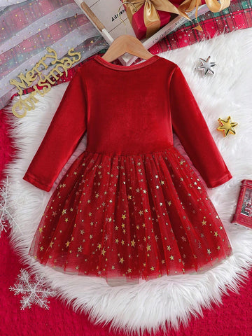 Girls Christmas Velvet Sweet Star Mesh Tulle Skirt