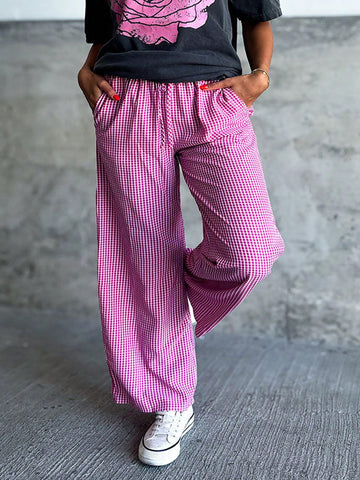 New European And American Style Women Plaid Printed Faux Drawstring Wide Leg Casual Pants, Pink