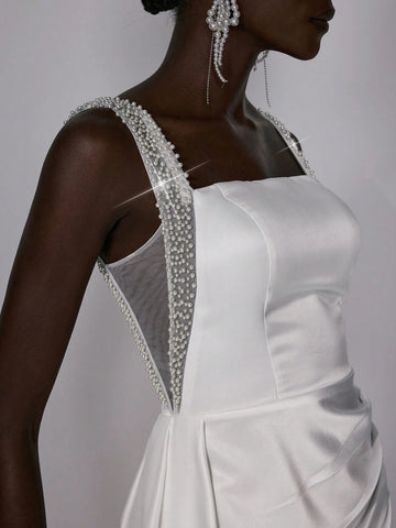 Elitara Elegant Luxurious Champagne Satin Ruffled Mermaid Maxi Dress With Bubble Hem Design, Suitable For Wedding, Bachelorette Party, Vacation, Prom, Bridal