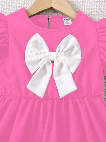 Collegiate Style Girls Casual Dress , White Bow Decor & Flare Sleeves With Floral Lace Trim,