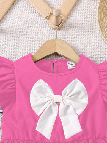 Collegiate Style Girls Casual Dress , White Bow Decor & Flare Sleeves With Floral Lace Trim,