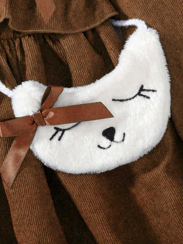 Girls Rabbit Embroidered Bow Decor Casual Dress, Comfortable & Warm Fashion Cute Outfit, Autumn/Winter