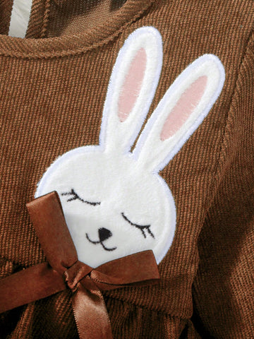 Girls Rabbit Embroidered Bow Decor Casual Dress, Comfortable & Warm Fashion Cute Outfit, Autumn/Winter