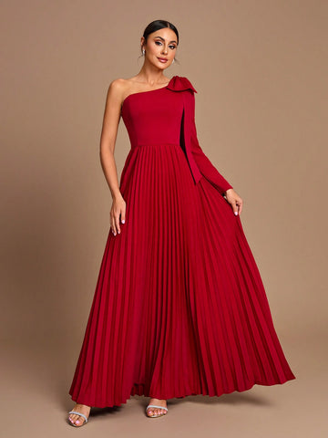 Elegant, Romantic, Dignified, Red, Sloping Shoulders, Long Sleeves, Bow, Pleated, Waist, A-Hem, Wedding Event, Bridesmaid Dress